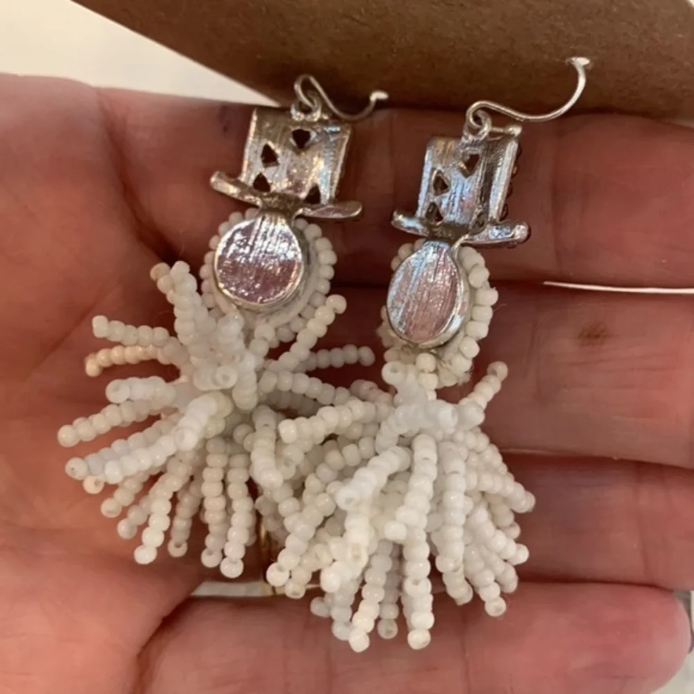 Snowman pom pom seed bead black top hat top Christmas winter holiday earrings